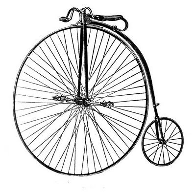 Vintage penny-farthing bicycle with large front wheel and small rear wheel, black-and-white line drawing.