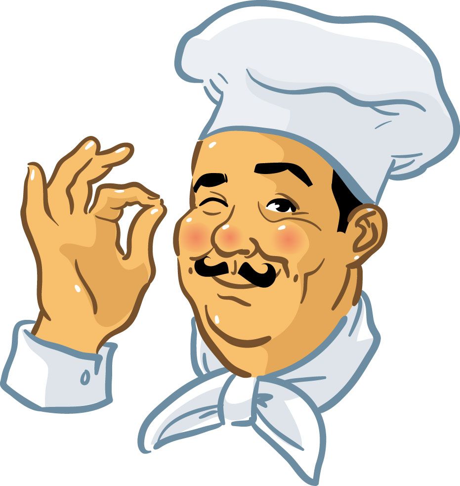 Smiling cartoon chef with mustache, white toque, and OK hand gesture.