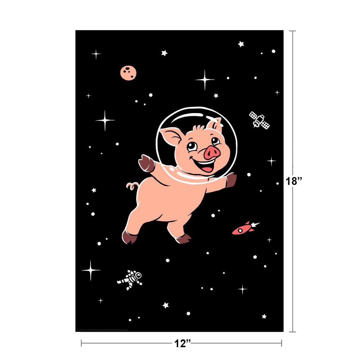 A cheerful cartoon pig in a space helmet floating among stars, a satellite, rocket, astronaut, and planet.