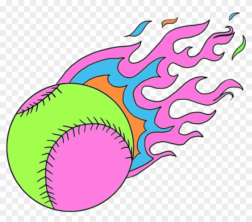 Neon green and pink softball with vibrant pink, blue, and orange flames trailing behind it on transparent background.