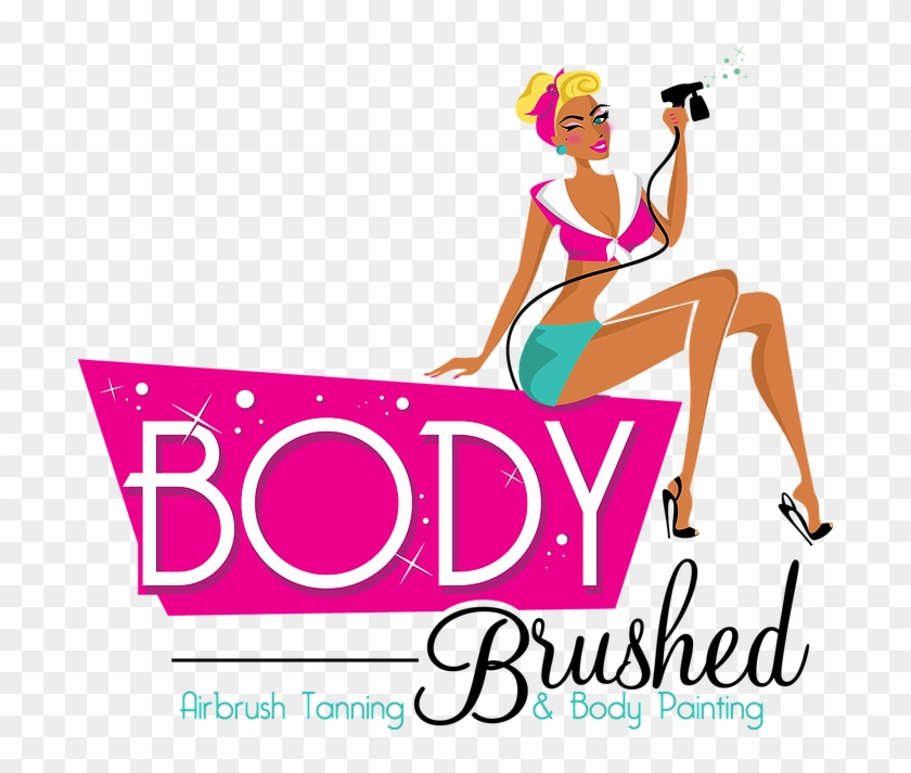 Retro-style illustration of a woman airbrushing with "BODY Brushed" logo for tanning and body painting services.