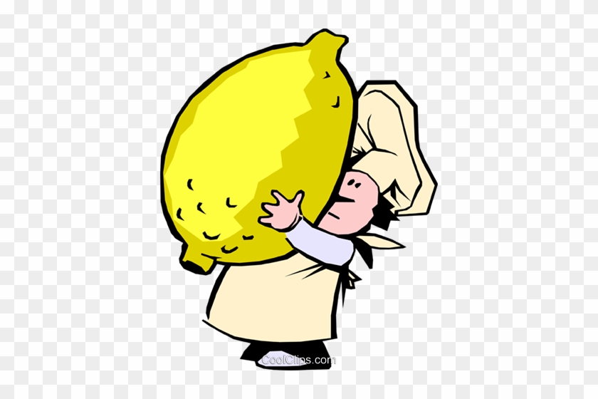 Chef in white hat and apron hugging a giant yellow lemon with cheerful expression.