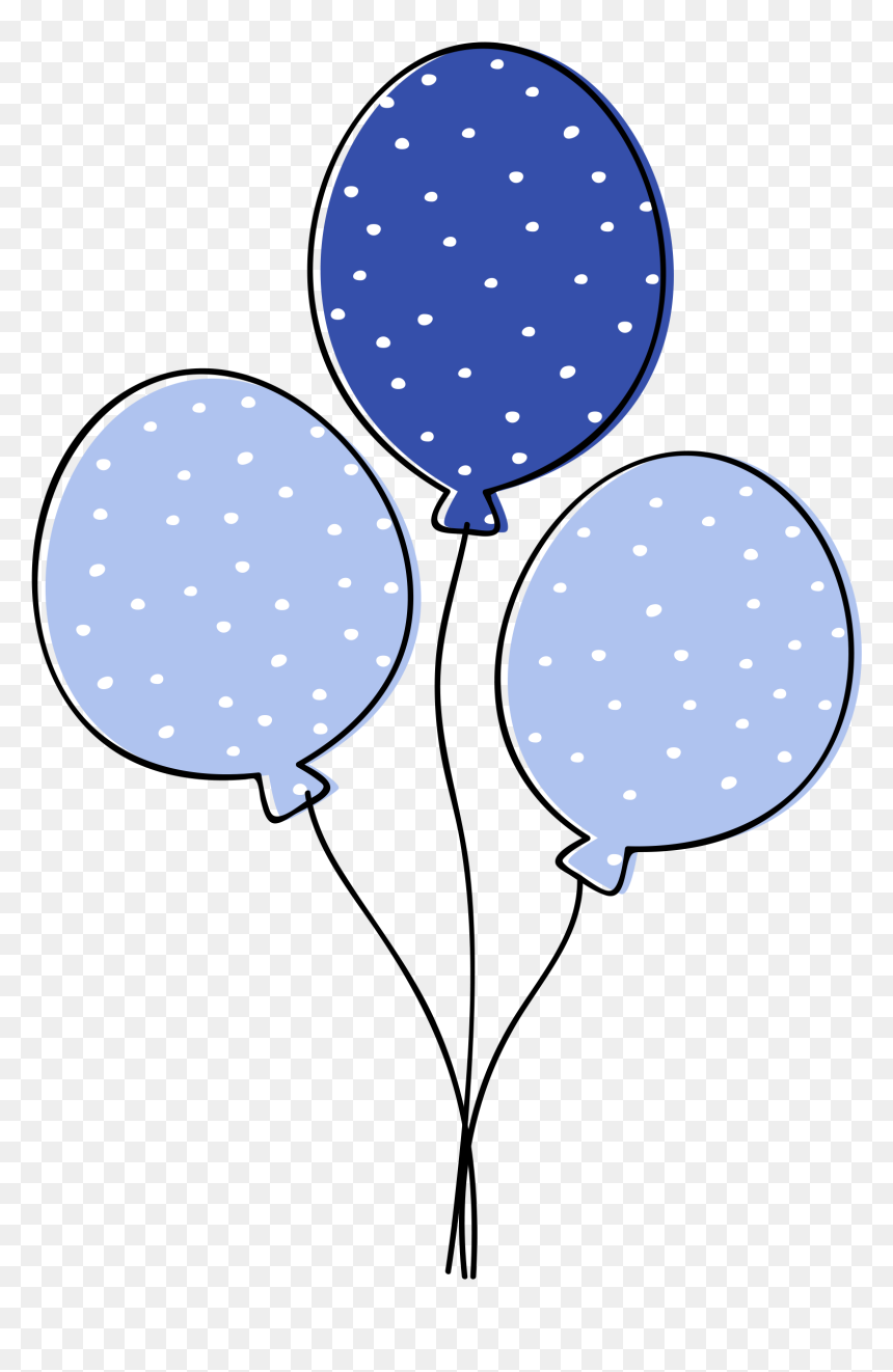 Three polka-dotted balloons in blue shades with black outlines and strings, on transparent background.