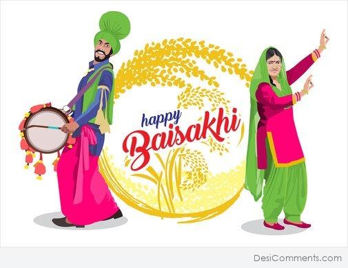 Celebratory illustration of a Punjabi man playing dhol and woman dancing beside a golden wheat wreath with "Happy Baisakhi" text.