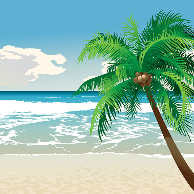 Tropical beach scene with a leaning palm tree bearing coconuts, turquoise ocean waves, and soft sand under a partly cloudy sky.
