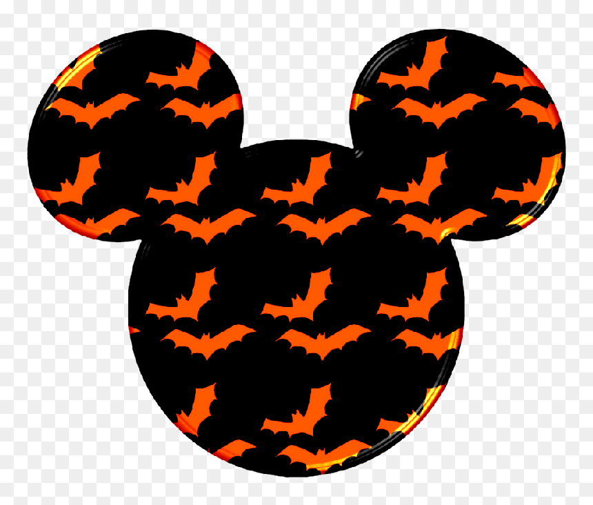 Halloween-themed Mickey Mouse silhouette with orange bats on black background.