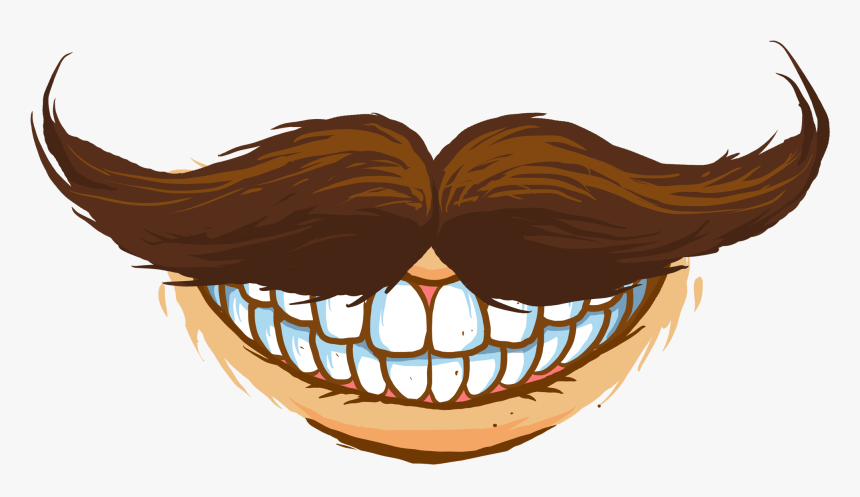 Cartoon mustache over a wide, toothy grin with brown handlebar mustache and white teeth.