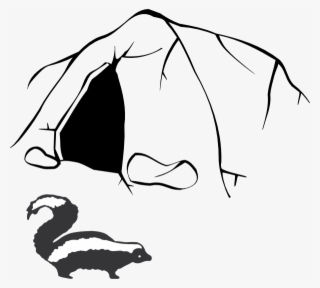 A black-and-white line drawing of a camping tent with an open flap and a striped skunk standing nearby.