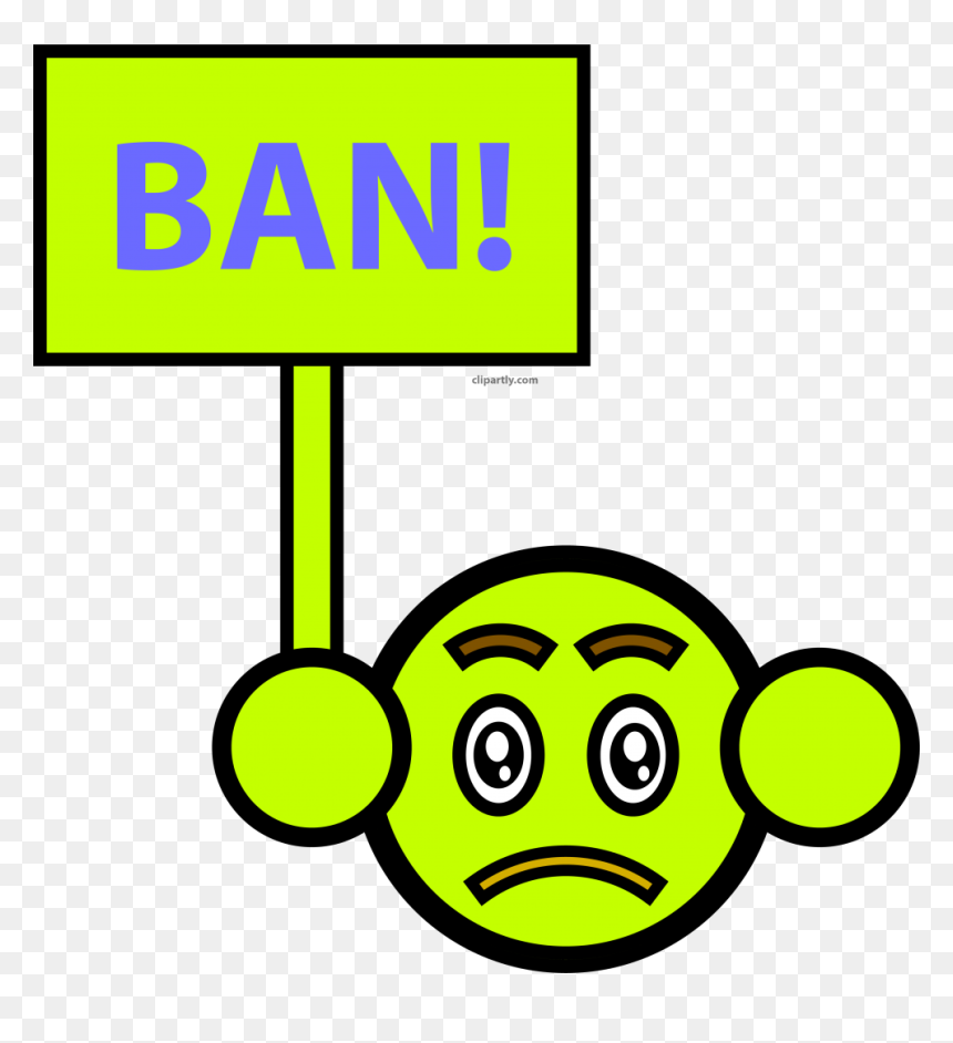 Sad green emoji holding a bright yellow "BAN!" sign on a stick.