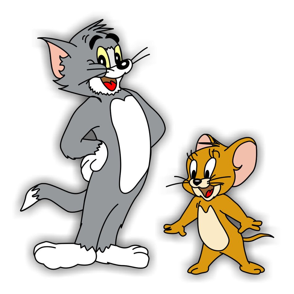 Tom the gray cat and Jerry the brown mouse standing side by side, smiling cheerfully in classic cartoon style.
