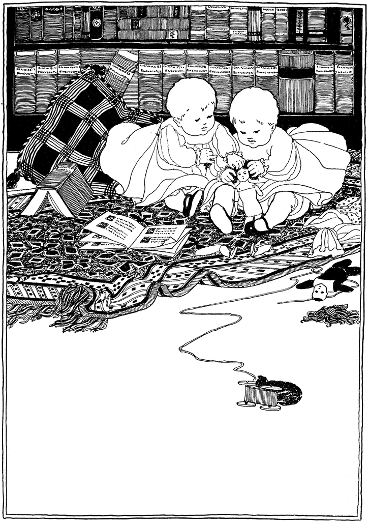 Two toddlers in vintage clothing sit on a patterned rug, playing with dolls and books beside a bookshelf and scattered toys.