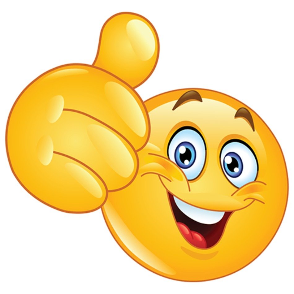 Cheerful yellow emoji giving a thumbs-up with wide blue eyes and big smile.
