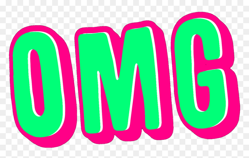 Bright green "OMG" text with thick pink outline on transparent background, bold cartoon-style font.