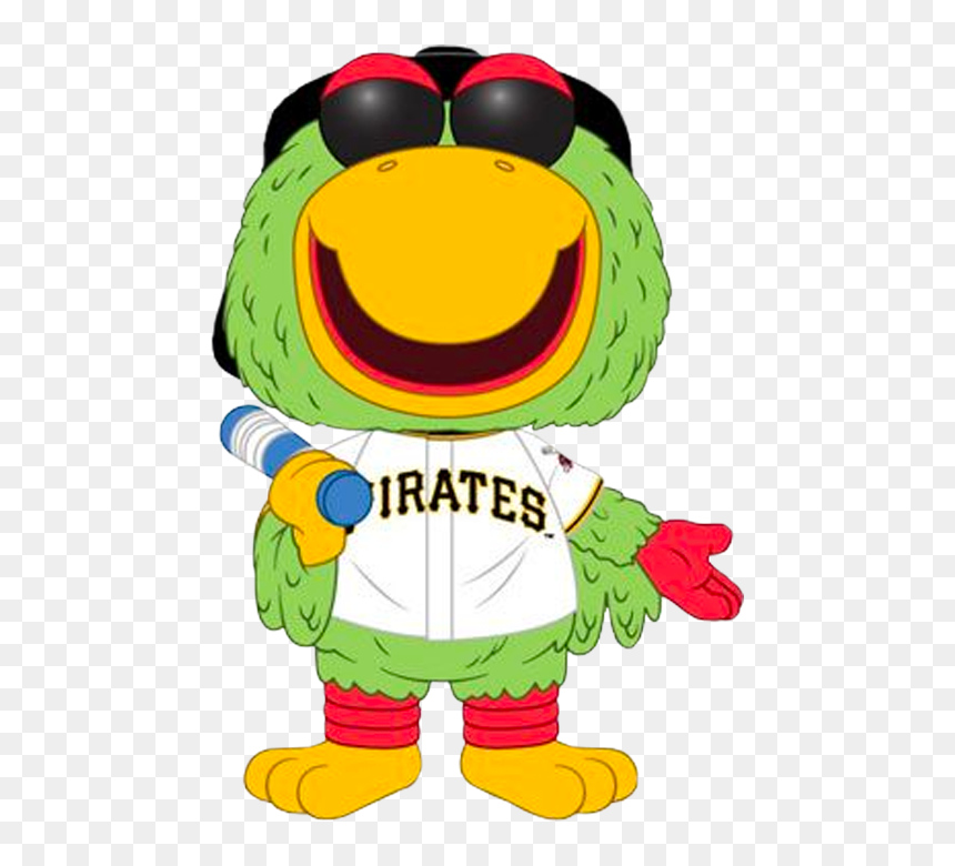 Pittsburgh Pirates mascot, a green parrot in sunglasses and team jersey, holding a baseball bat with a cheerful expression.