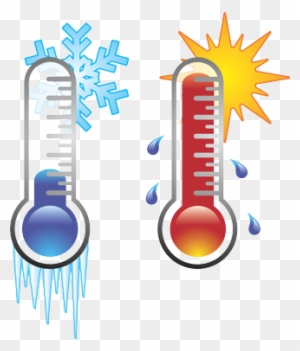 Two thermometers-one with blue liquid and ice indicating cold, the other with red liquid and sun indicating heat-illustrating temperature extremes.