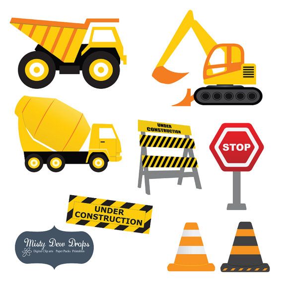 Construction vehicle clipart set including dump truck, excavator, cement mixer, cones, signs, and barriers.