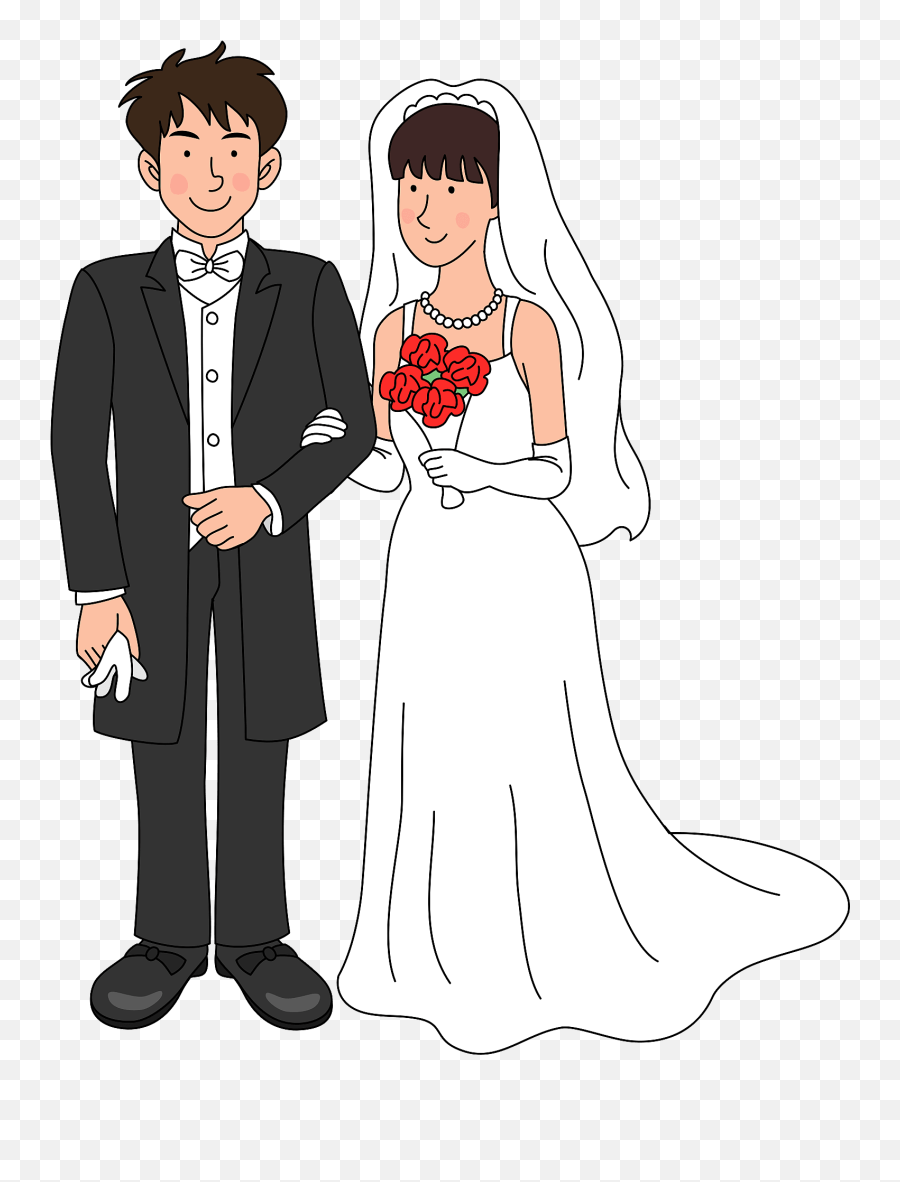 Cartoon illustration of a smiling bride in white gown with veil and red bouquet, standing beside groom in black tuxedo with bowtie.