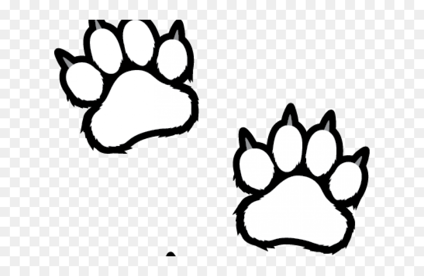 Black-and-white cartoon illustration of two animal paw prints with fur texture and claws, on transparent background.