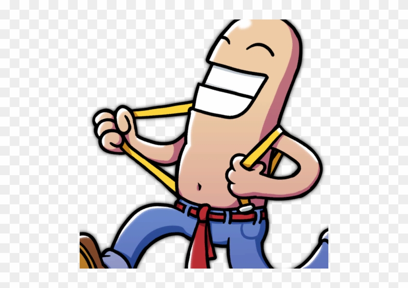 A cheerful cartoon character with a pencil-shaped head, stretching a yellow rubber band while smiling broadly.