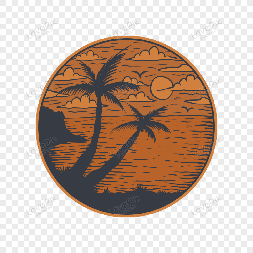 Tropical sunset scene with palm trees, ocean, and sun in a circular emblem-style illustration.
