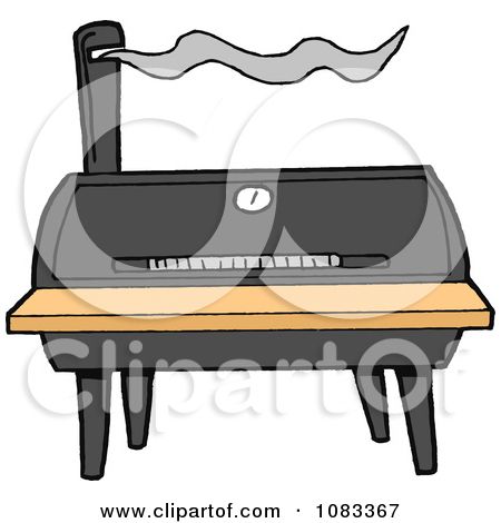 Cartoon-style charcoal grill with smoke rising from chimney, on wooden table with legs.