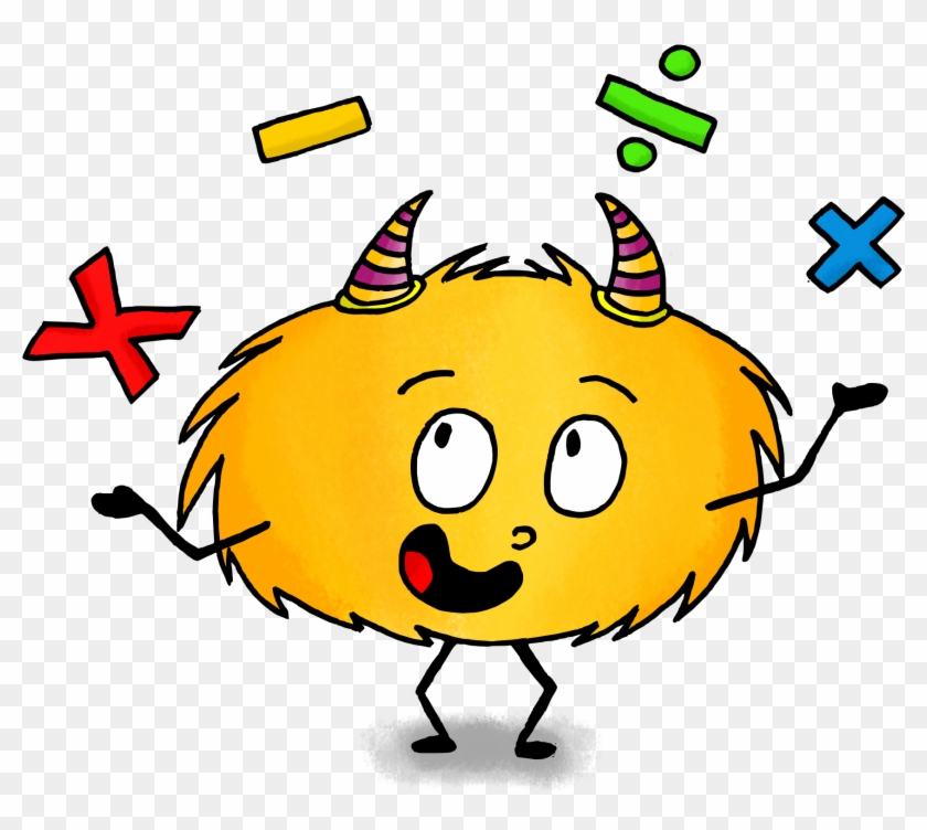 Cheerful yellow math monster with striped horns surrounded by colorful arithmetic symbols (+, -, ×, ÷).