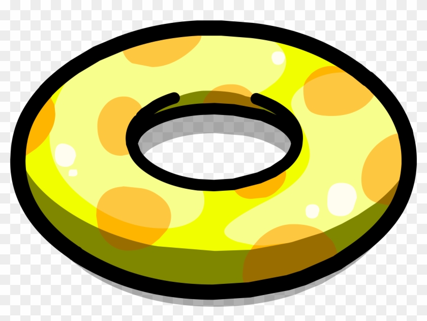 Yellow inflatable swim ring with orange polka dots and black outline, cartoon-style illustration.