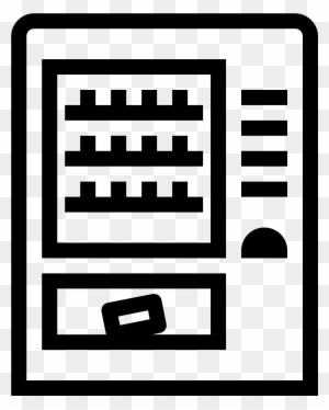 Black-and-white line icon of a vending machine with shelves, coin slot, and dispensing tray.