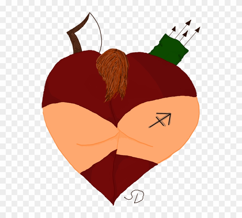 A stylized heart-shaped figure with brown hair, horns, an arrow piercing it, and a Sagittarius symbol on its hip.