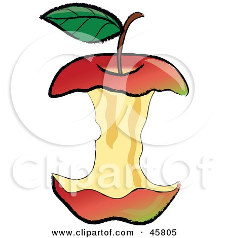 A cartoon-style apple core with red skin, yellow flesh, green leaf, and brown stem on white background.