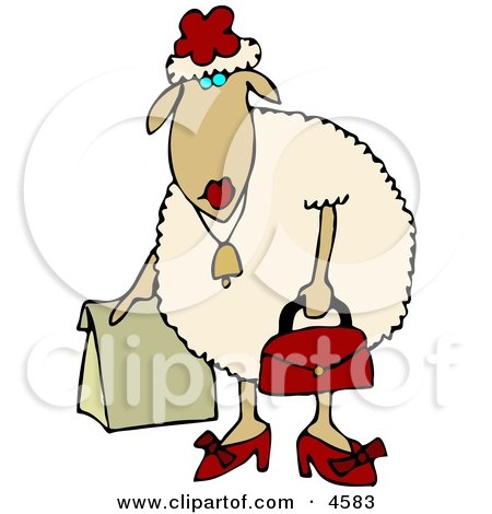 Fashionable cartoon sheep in red heels, hat, and handbags, carrying shopping bags with a stylish pose.
