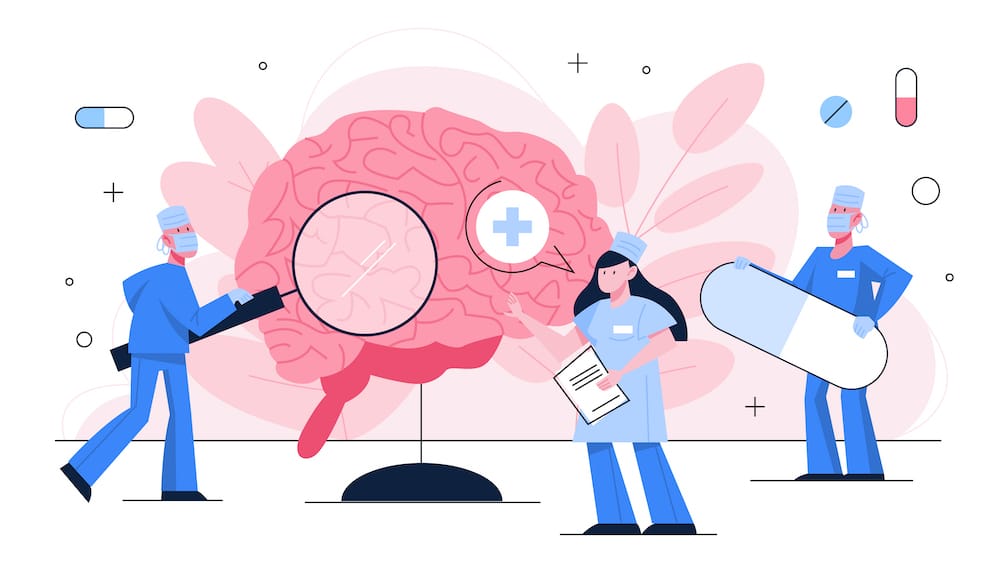 Medical professionals examining a brain with magnifying glass, pills, and medical symbols in a stylized illustration.