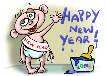 Cheerful cartoon baby in diaper with "NEW YEAR" sash, waving beside paint bucket labeled "COLOR" and "HAPPY NEW YEAR!" text.
