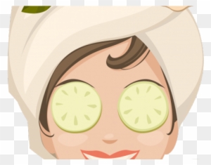 Cartoon woman with cucumber slices over eyes and a towel wrap, smiling after a spa treatment.