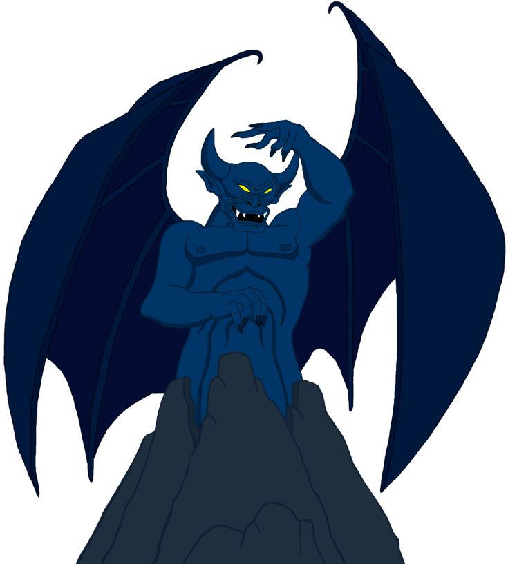 A menacing blue demon with bat-like wings, horns, and glowing yellow eyes perched atop a rocky peak.