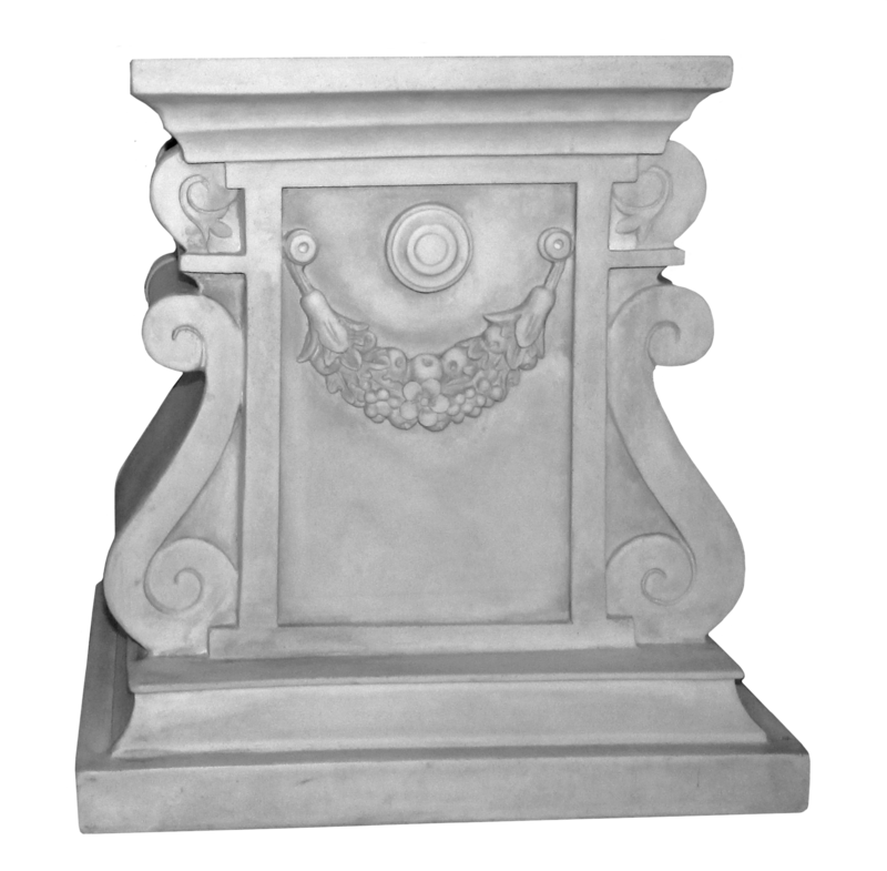 Classical marble pedestal with acanthus scrolls and fruit garland relief, neoclassical architectural element.
