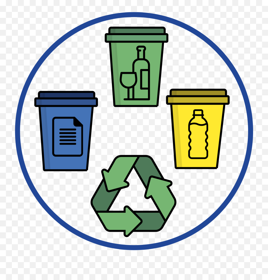 Recycling bins for paper, glass, plastic, and metal with universal recycling symbol in center.