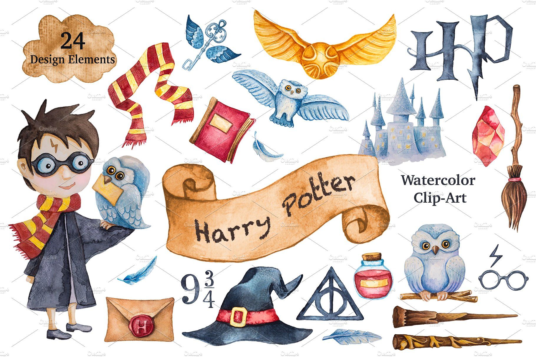 Harry Potter Watercolor Clip-Art Collection - 24 Magical Design Elements