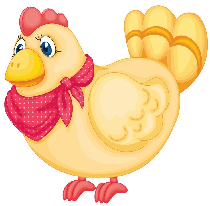 Cheerful cartoon hen with pink polka-dot scarf, blue eyes, and red comb standing against white background.