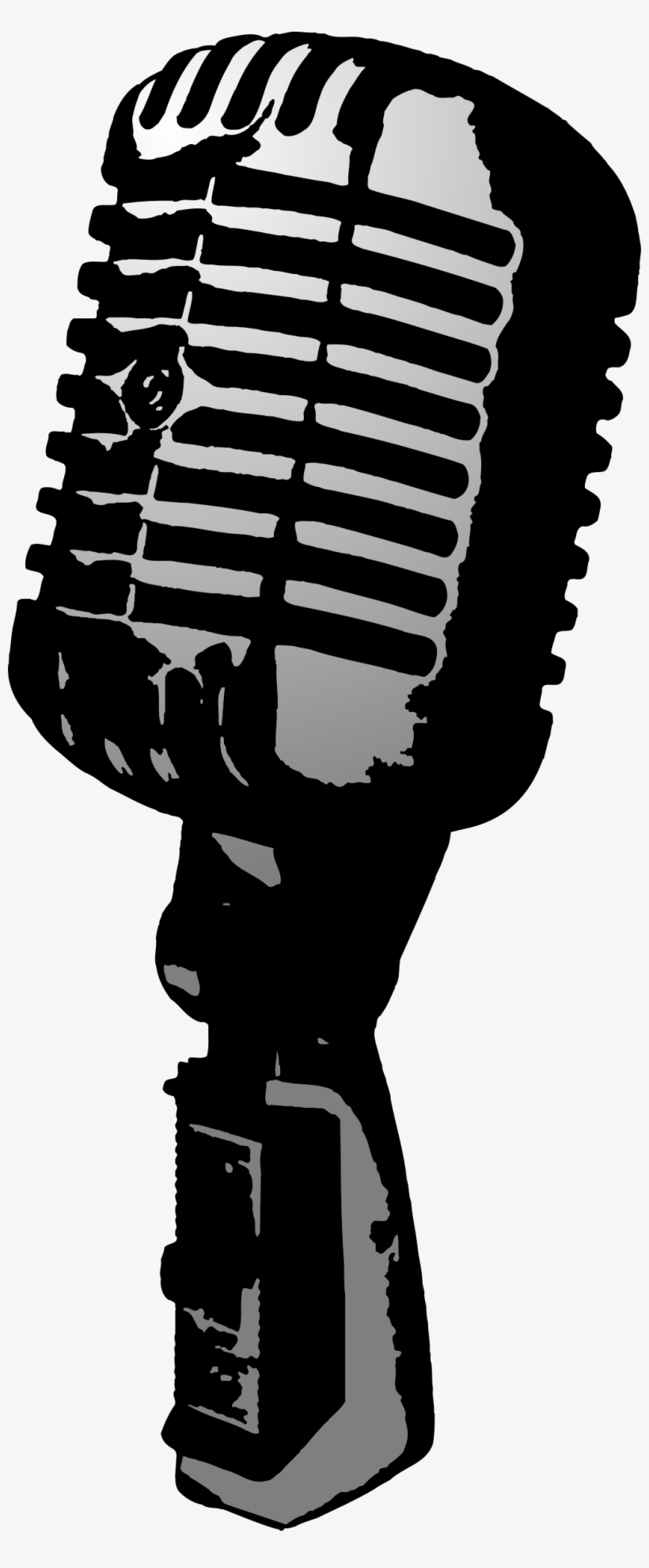 Vintage-style black-and-white illustration of a classic ribbon microphone with grille and handle detail.