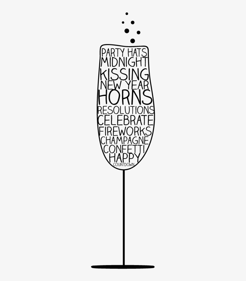 A champagne flute filled with New Year’s celebration words like “midnight,” “fireworks, and “champagne,” with bubbles rising above.