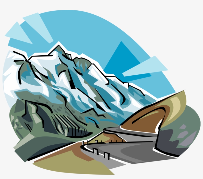 Stylized illustration of snow-capped mountains, winding road, and modern architecture under a blue sky with sun rays.