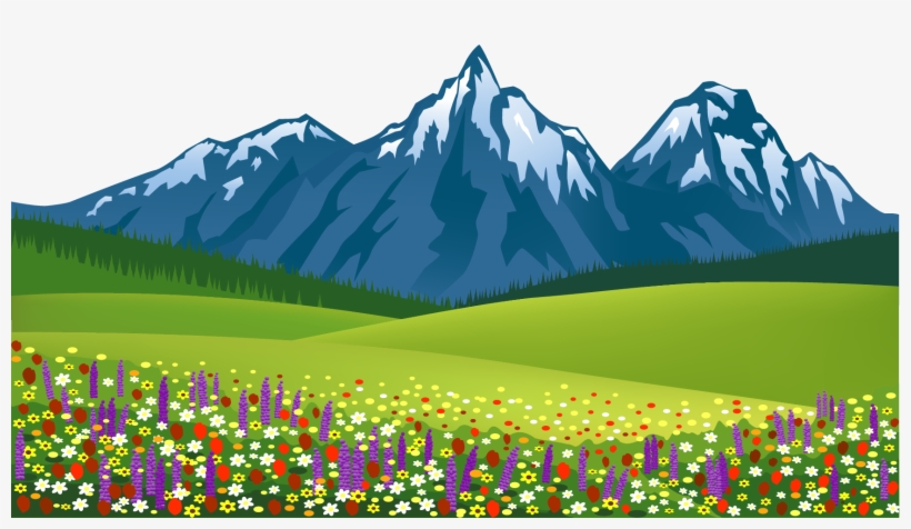Vibrant wildflower meadow with green hills and snow-capped blue mountains in the background.