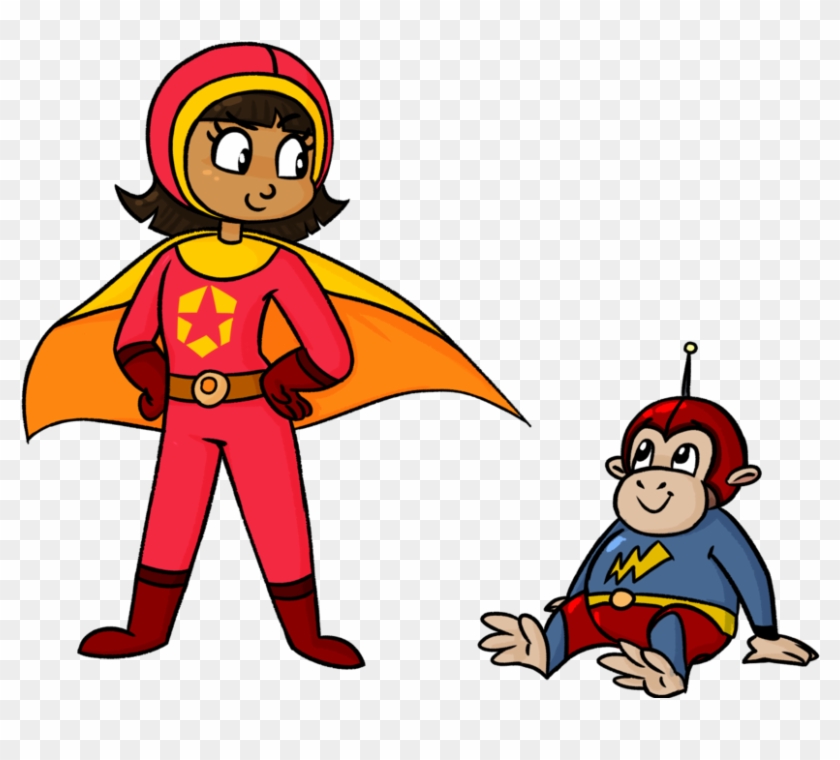 Superhero Girl and Monkey Sidekick - Fun Cartoon Illustration