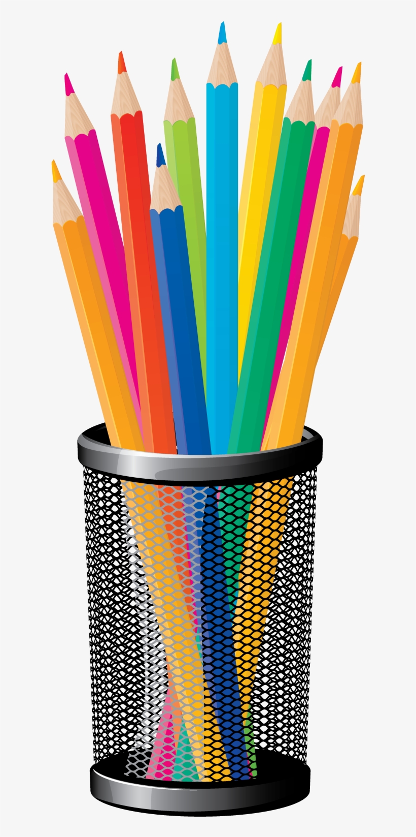 Colorful pencils in a black mesh pencil holder, neatly arranged and sharpened.