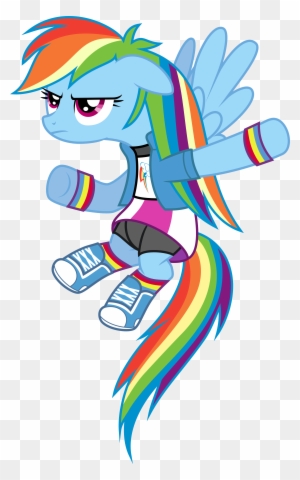 Rainbow Dash in a dynamic flying pose, wearing a sporty outfit with rainbow mane and tail, wings spread, determined expression.