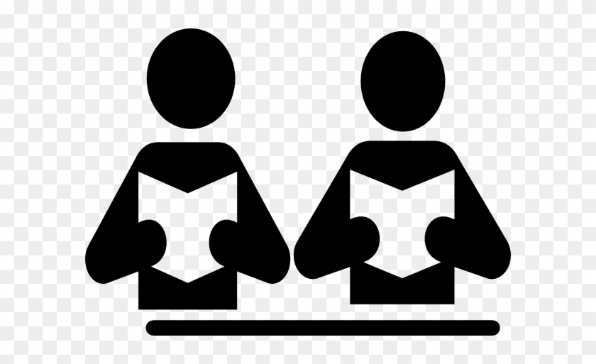 Two stylized figures sitting side by side, each reading a book at a table.