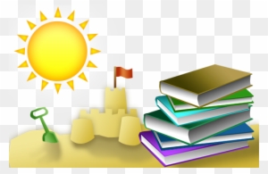 Sunny beach scene with sandcastle, shovel, flag, and stack of colorful books.