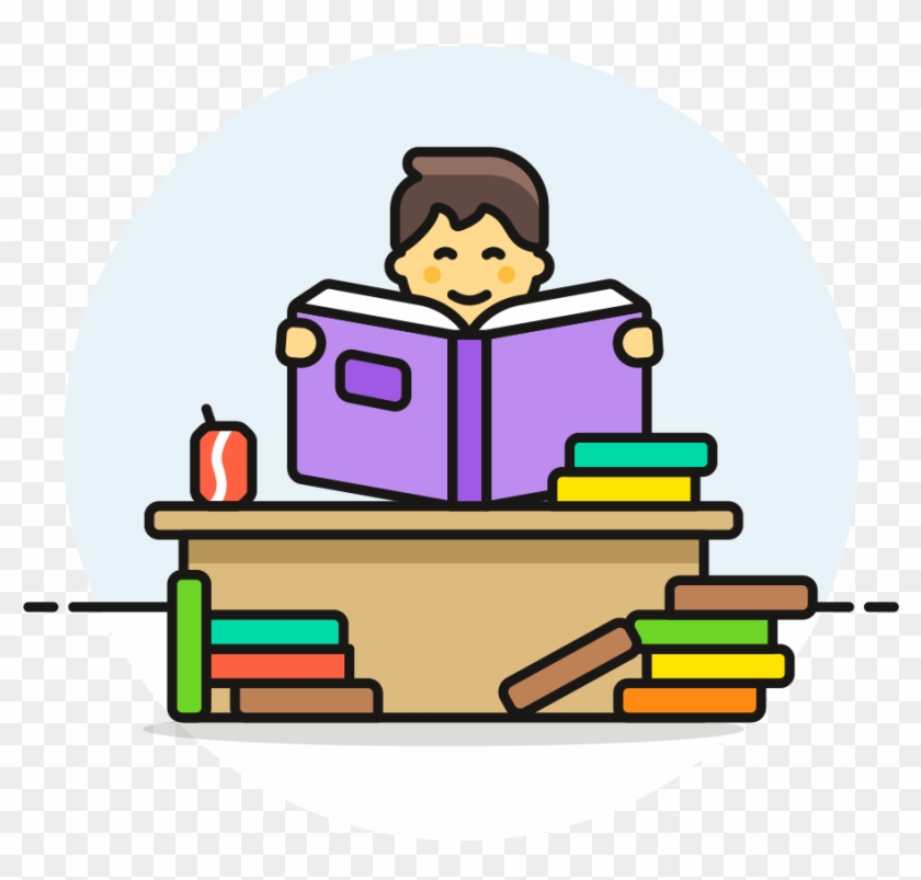 A smiling child reading a purple book at a desk surrounded by colorful books and a drink.
