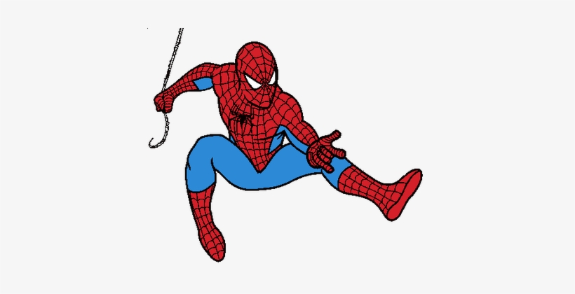 Spider-Man in classic red-and-blue suit swinging with web, dynamic action pose.